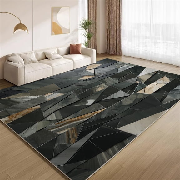 3D Black Marble Geometric Area Rugs, Gray Abstract Carpet, Washable Non Slip Low Pile Soft Rug for Bedroom Living Room Study Office Decor Mat 5ftx7ft
