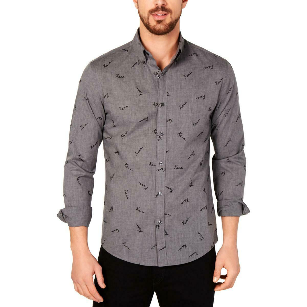 Michael Kors - Mens Shirts Gray Button-Front Script Printed $98 2XL