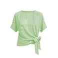 thumbnail image 4 of Women's Gingham Cotton Tops Summer Oversized Crew Neck Bow Tie Waist Blouse Fashion Casual Short Sleeve Daily Wear Shirt Green, 4 of 5