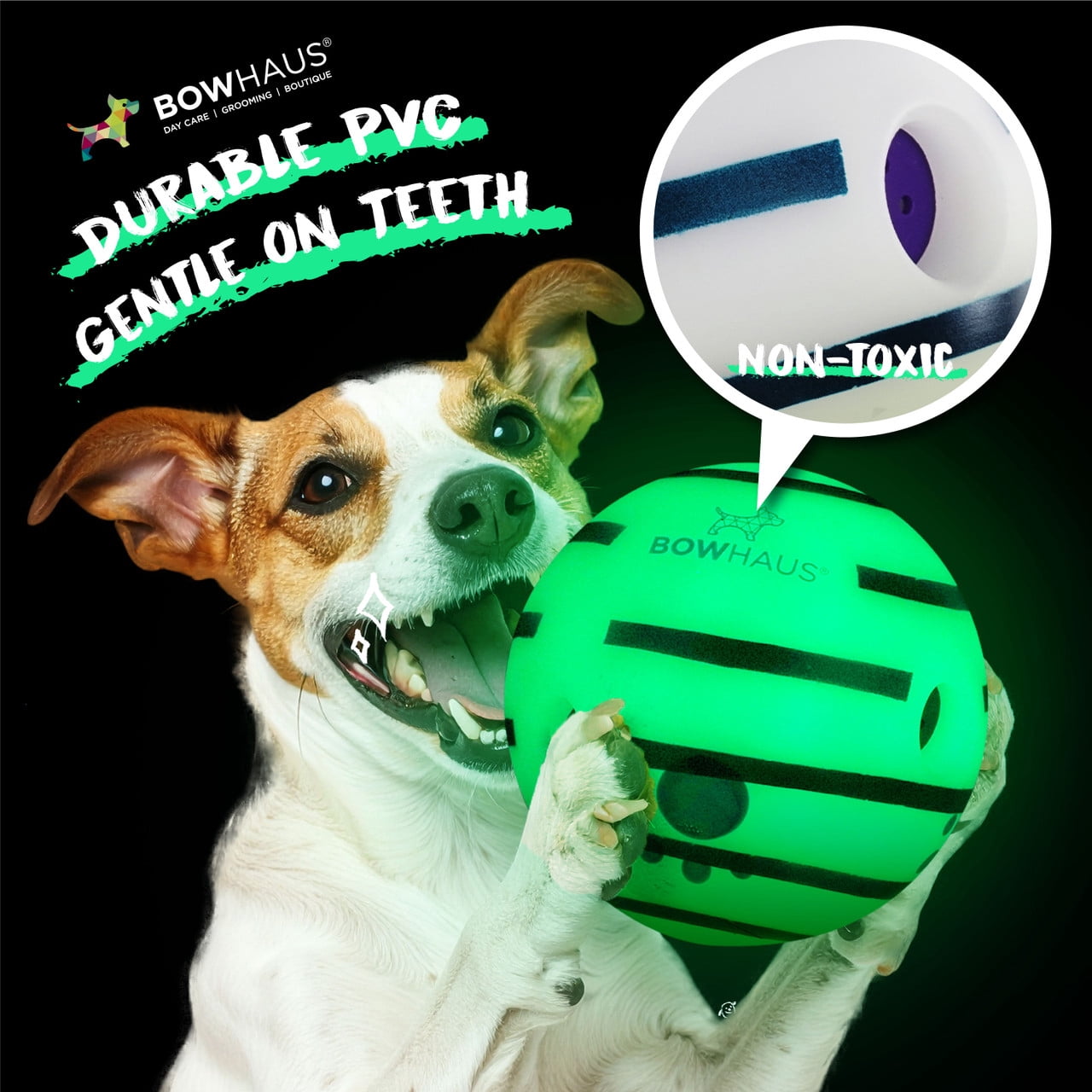 BOWHAUS Giggle Glow in The Dark Ball for Dogs, 5.5 Inch Interactive Dog Exercise Toys, Indestructible Fun Squeaky Chew Toy, Non-Toxic Durable PVC Chew Ball for Indoor Outdoor Play