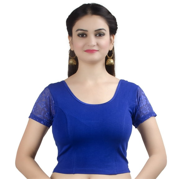 Chandrakala Women's Stretchable Readymade Lycra Blue Indian Ethnic Saree Blouse Crop Top Choli-X-Large (B102BLU5)