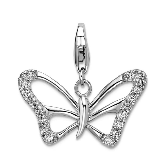925 Sterling Silver Fancy Lobster Closure Cubic Zirconia Polished Butterfly Angel Wings With Lobster Clasp Charm 22x23mm