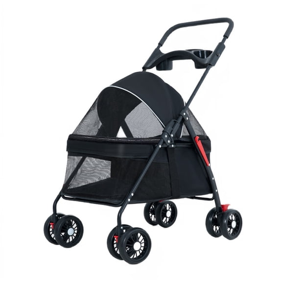 Nuoxin 4 Wheels Dog Cat Stroller, Outdoor Travel Pet Folding Stroller, Dog Cat Cage Stroller with Cup Holder, Breathable and Visible Mesh for Medium Small Dog