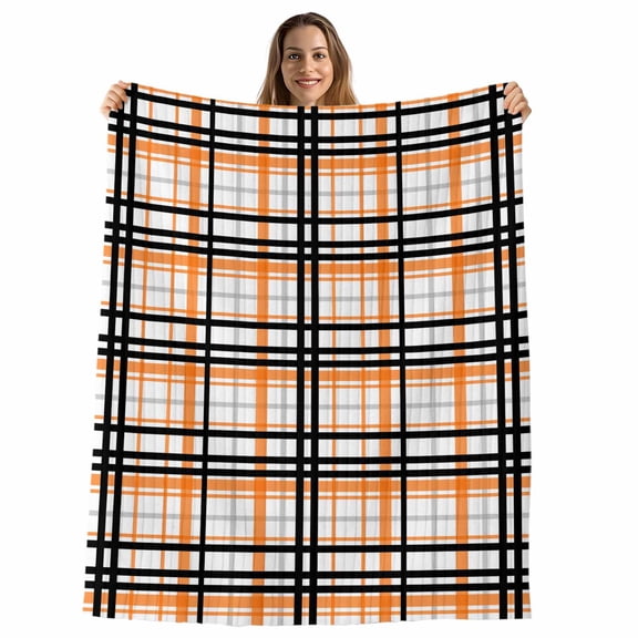 Orange Black Plaid Throw Blanket, Flannel Fleece Blanket with Striped Design for Couch, Farmhouse Orange Black Checkered Soft Breathable All Season Plush Blankets for Sofa Chair Travel 32"x48"