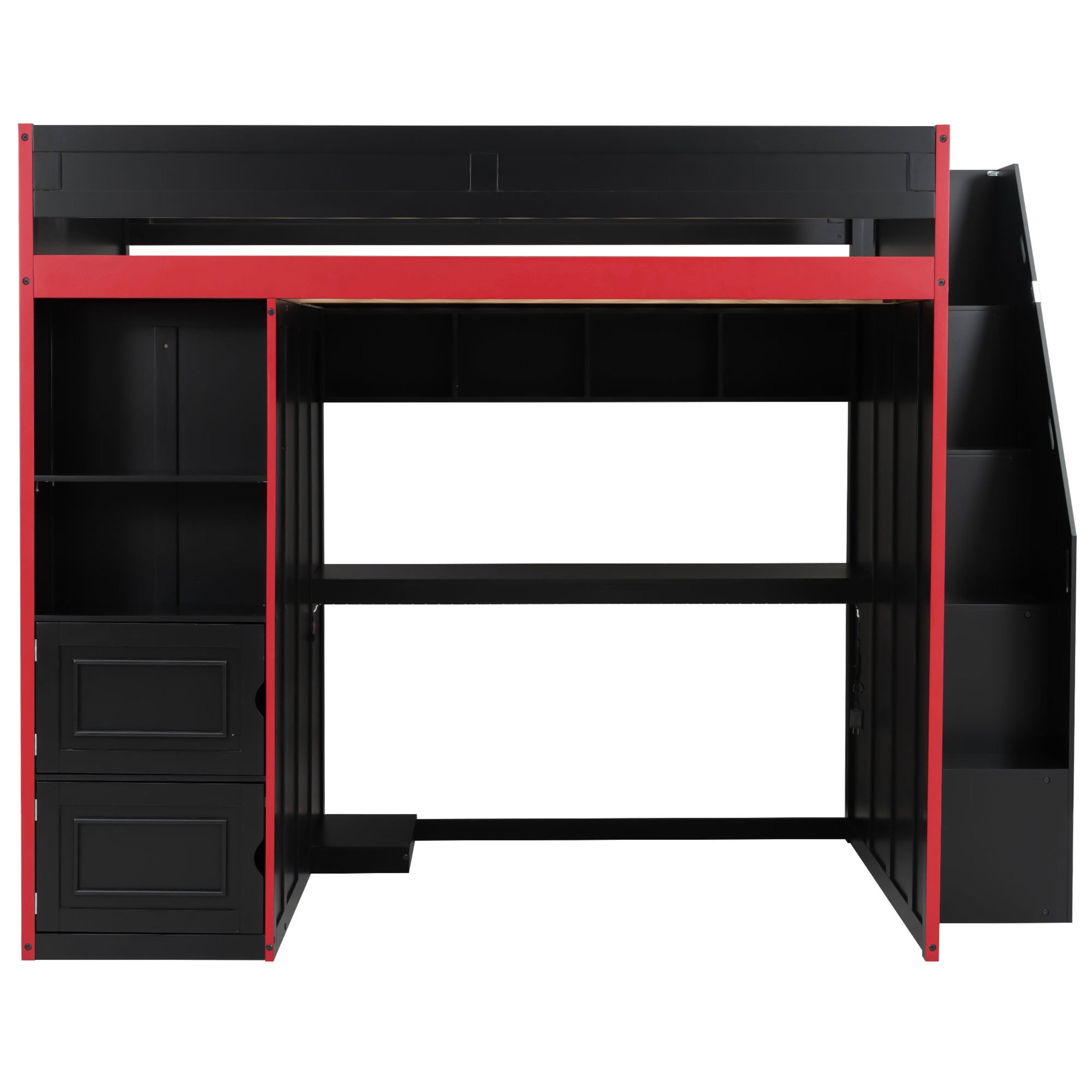Noble House Mira Full Gaming Loft Bed, Desk with Storage Locker & LED Lights, Solid Wood Frame, Black and Red