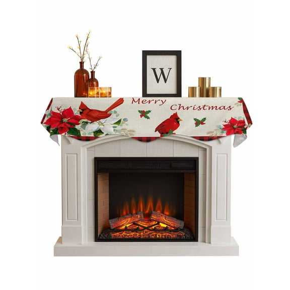 Christmas Fireplace Mantle Scarf, Xmas Birds Berry Botanical Plaid Mantel Cover Table Runner for Home Living Room Door Window, Indoor Outdoor Holiday Party Decor 17" x 60"