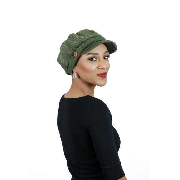 Brianna Newsboy Cap for Women Cancer Headwear Chemo Hat Brianna Cabbie Ladies Head Coverings Corduroy (Olive)
