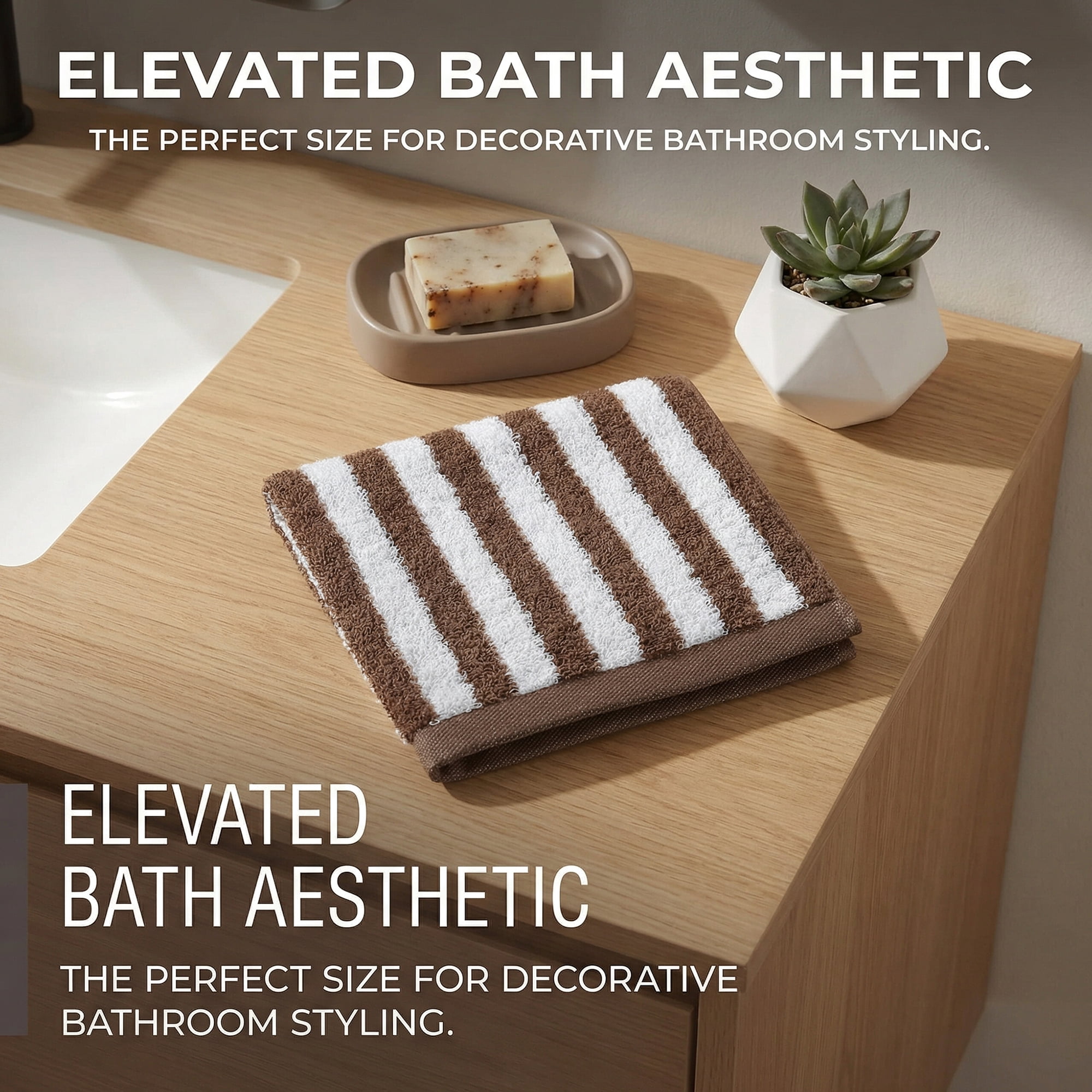 REGALWOVEN Classic Striped Cotton Hand Towels, Ultra Plush Absorbent Quick Dry Towels for Bathroom, Kitchen, Guest Room, 29" x 13" Brown 2pk