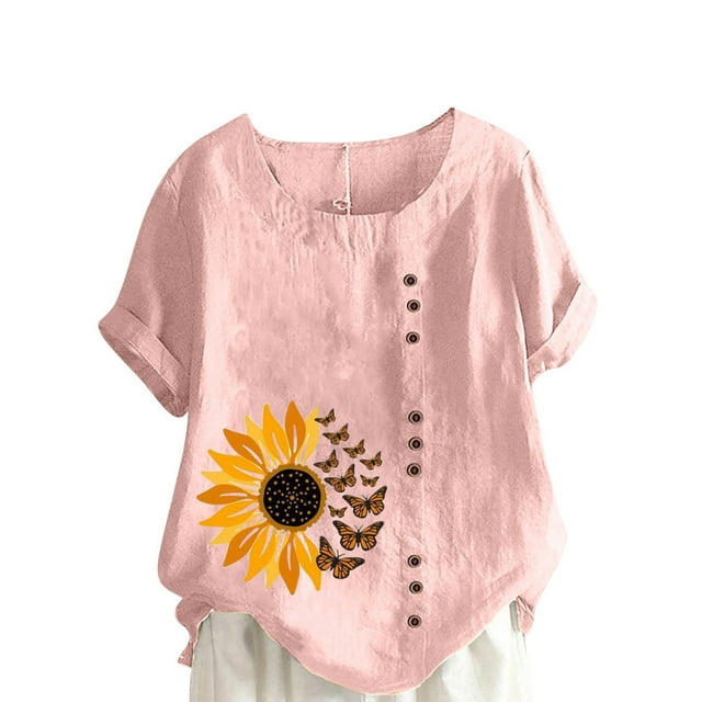 Pompotops Chemise Ample Décontractée d'Été pour Femmes à Manches Courtes et Col Rond avec Imprimé Floral