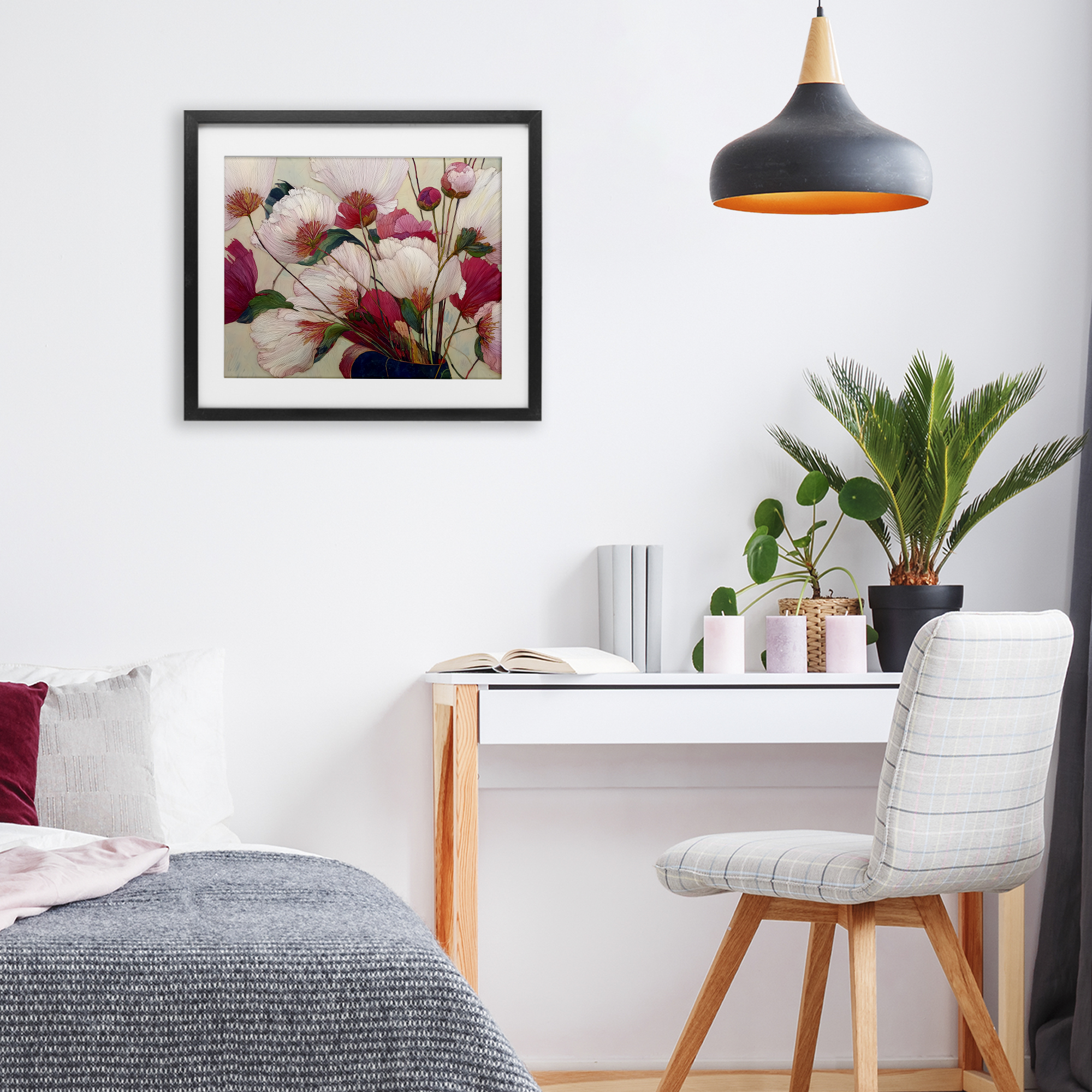 Lush Haiku Pink & White Flowers Black Framed Print Under Glass, design by Annabelle Hall