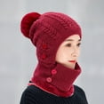 thumbnail image 2 of Xfvqtps Womens 3 in 1 Beanie Face Neck Warmer Set Knit Fleece Lining Solid Color Fuzzy Pompom Stretch Windproof Coldproof Warm Thickened Winter One Piece Skull Cap Neck Circle Scarf Set Wine, 2 of 6