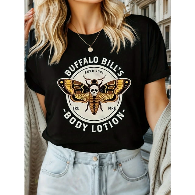 Halloween T-shirt - Women's Black & White Moth Skull Graphic T-Shirt - Retro Vintage Dark Style Round Neck Short Sleeve Tee, Skull T Shirt, Allseason Apparel, Comfortable Fit, Alternative Fashion
