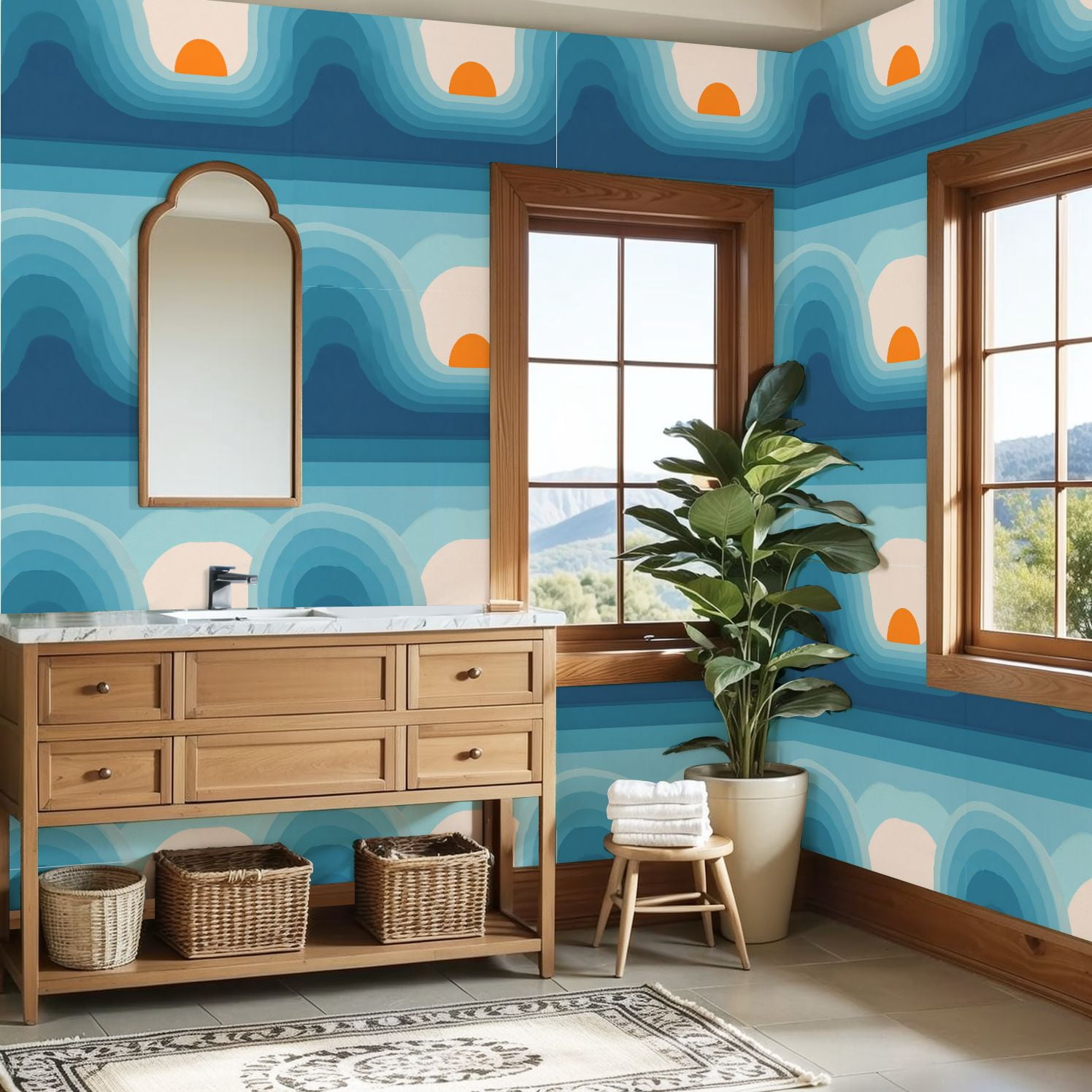 Peel and Stick Wallpaper 23.6in x 9.8ft Retro abstract sunset landscape style mid century modern Contact Paper Vinyl Waterproof Self Adhesive Wall Paper for Bedroom Shelf Cabinet Renter Friendly