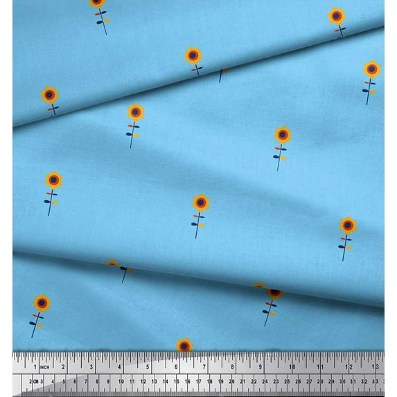 Soimoi Blue Poly Georgette Fabric Leaves & Floral Clip Art Print Fabric by the Yard 52 Inch Wide