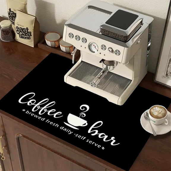 Black coffee themed drying mat, stylish coffee mat, high-quality polyester, non-slip rubber base, multi-functional kitchen countertop mat, coffee bar accessory, refreshing everyday brewing theme.
