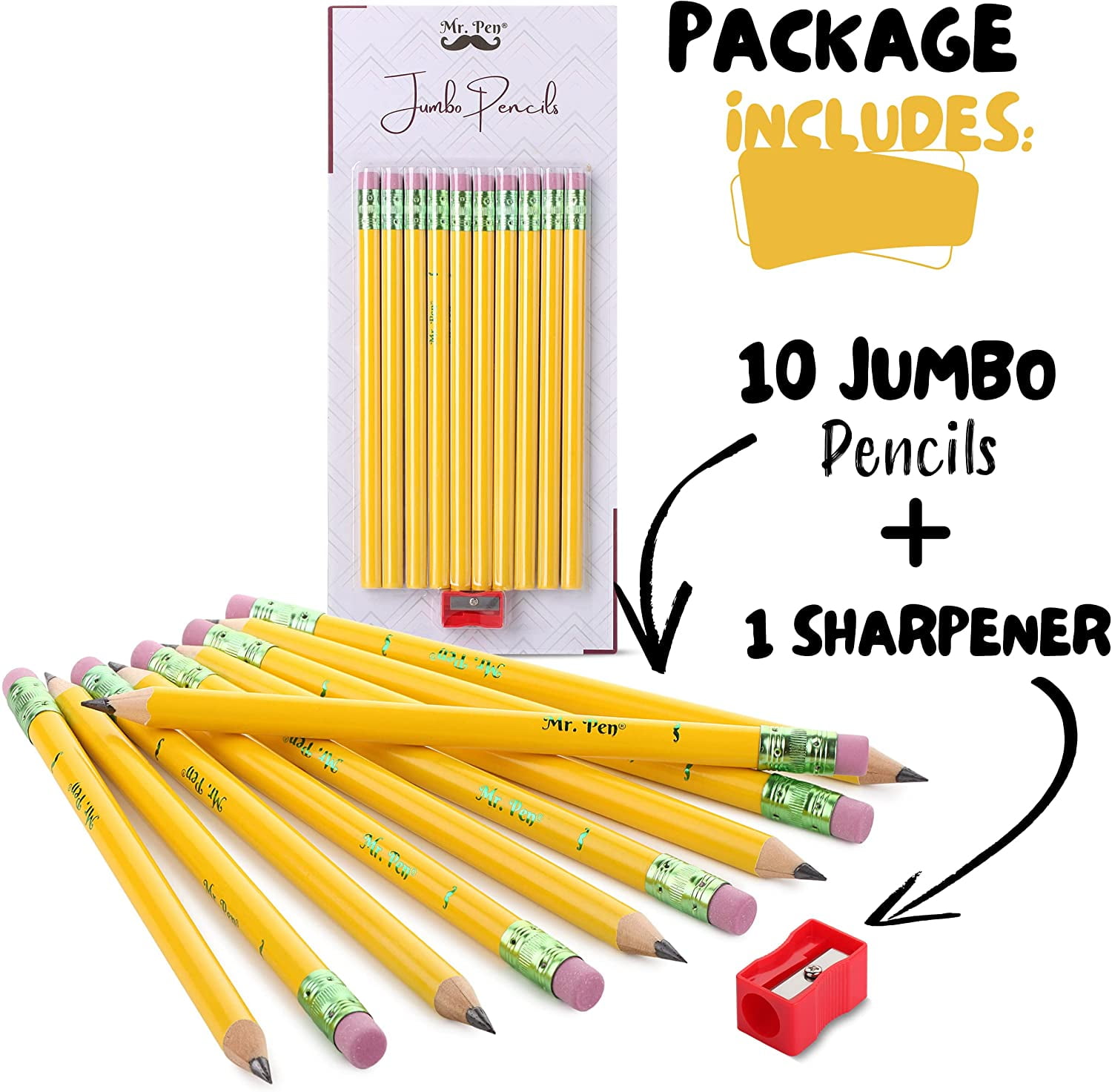 Mr. Pen- Jumbo Pencils, 10 Pencils and 1 Sharpener, Big Pencil, Fat  Pencils, Jumbo Pencils for Preschoolers