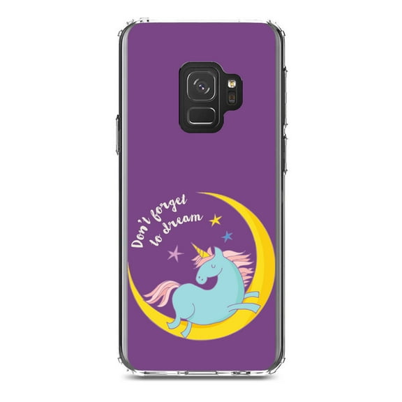 DistinctInk Clear Shockproof Hybrid Case for Samsung Galaxy S9 (5.8" Screen) - TPU Bumper, Acrylic Back, Tempered Glass Screen Protector - Unicorn Moon - Don't Forget to Dream