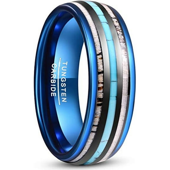 Men's 8mm Blue Tungsten Ring with Antlers and Turquoise Inlay for Wedding Engagement Promise Comfort Fit Send to relatives and friends Size 7-12