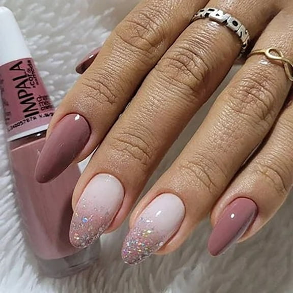 CurvLife Mysterious Pink Gradient Press-On Nails - 24PCS Almond, Gradient with Glitter, Non-Toxic & Reusable