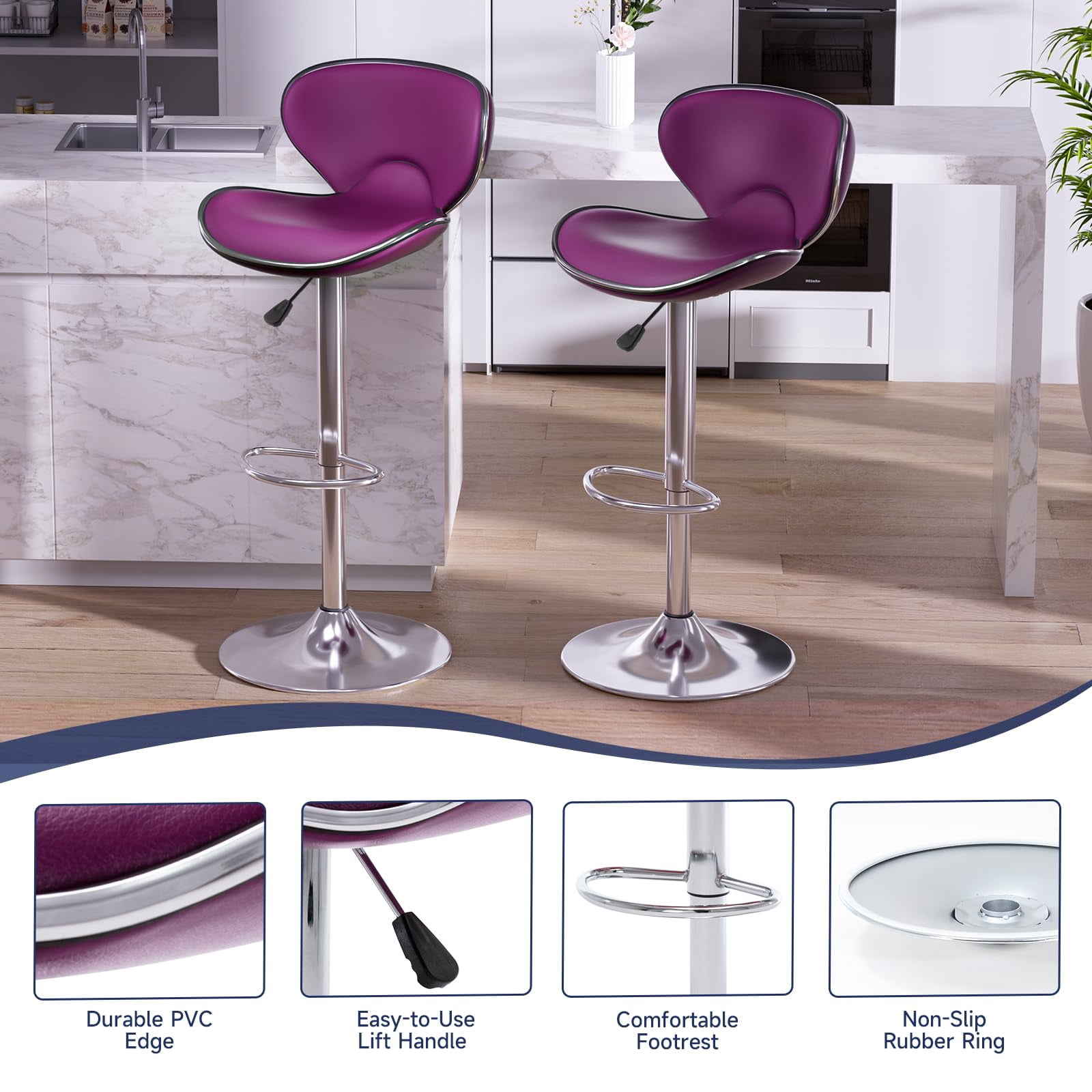 Adjustable Swivel Bar Stools Set of 2 , Modern PU Leather Upholstered Bar Chairs with Chrome Base for Kitchen Island, Dining Room, Pub, Counter (Purple)