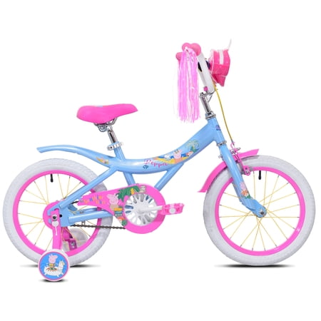 Peppa Pig 16 In. Girl s Bike with Front Brake  Fender and Handlebar Accessory Bag  Blue and Pink