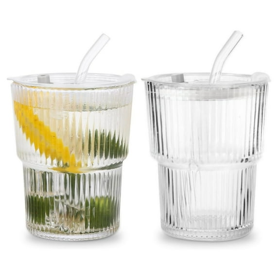 15oz Glass Cup with Lid and Straw, Dingrich 2 Pcs Striped Drinking Cups, Reusable Iced Coffee Mug Glass Tumbler for Latte, Tea, Milk, Juice