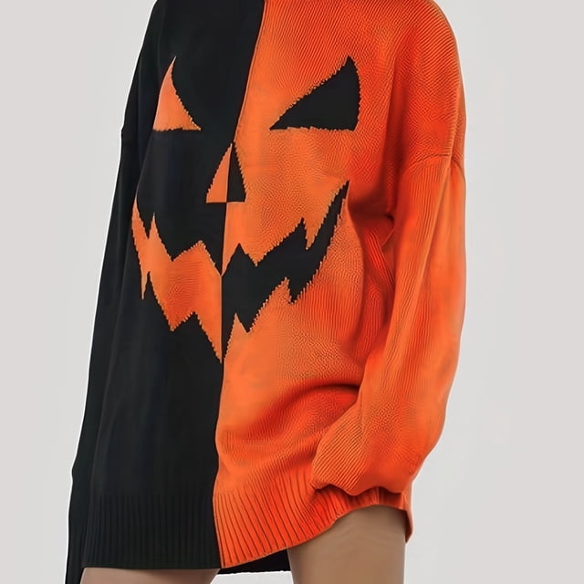 Vestido De Punto Con Patrón De Cara De Calabaza De Halloween, Vestido Informal De Manga Larga Con Bloques De Color Para Invierno Y Otoño, Ropa De Mujer