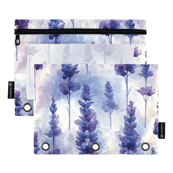 ALAZA 2 Pack Pencil Pouch Watercolor Lavender Flower Pencil Case for 3 Ring Binder Clear Window Pencil Bag Organizers