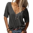 thumbnail image 2 of Langwyqu Solid Color Women Half Sleeved V-Neck Buttons T-Shirt, 2 of 4