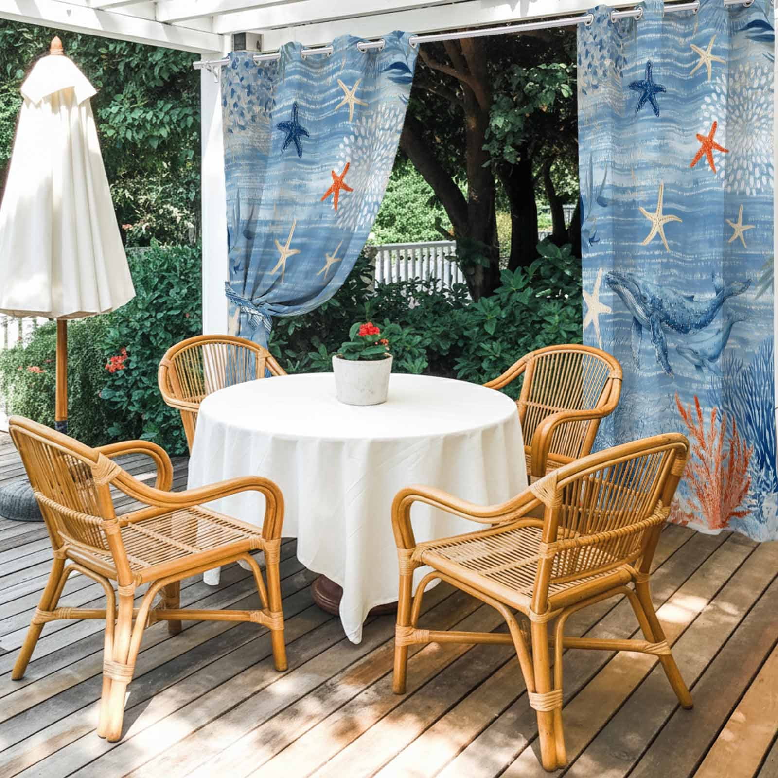 Ocean Whale Outdoor Curtains for Patio, Orange Blue Theme Summer Sea Animal Corals Starfish Sunshade Privacy Drapes Grommet Waterproof Outside Curtains for Porch/Cabana/Balcony 54"x 108", 1 Panel