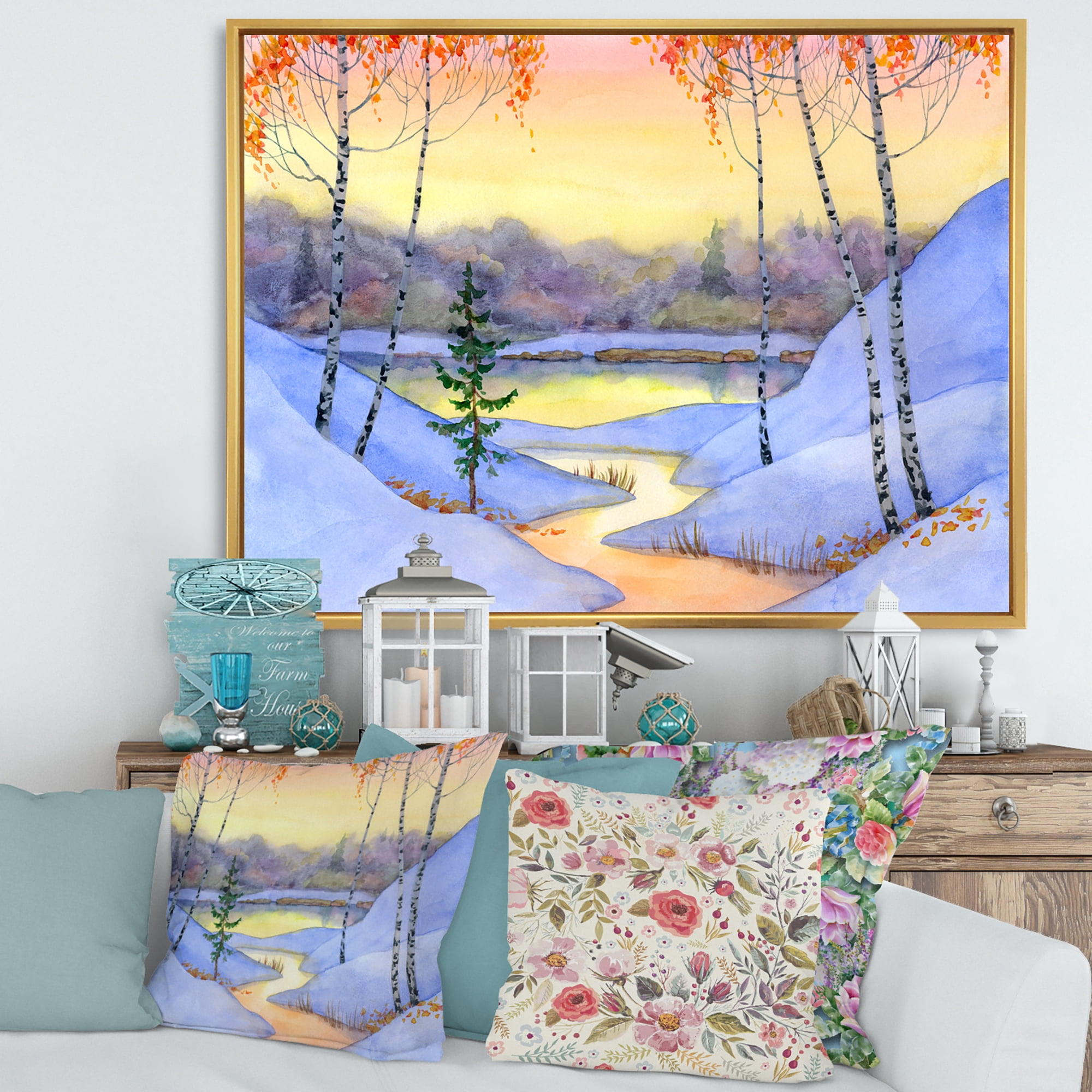 Stream Through The Winter Forest II 32 in x 24 in Framed Painting Canvas Art Print, by Designart