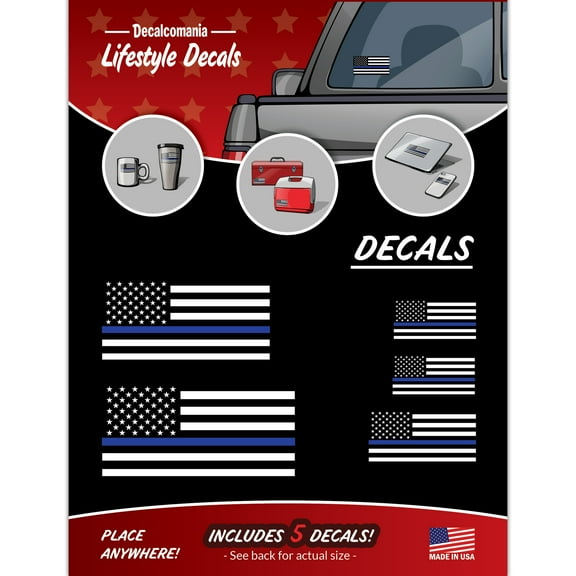 Decalcomania Thin Blue Line Flag Decals For Cars - Set of 5 Stickers for Cars - American Flag Decal Support Police and Law Enforcement - Thin Blue Line Sticker