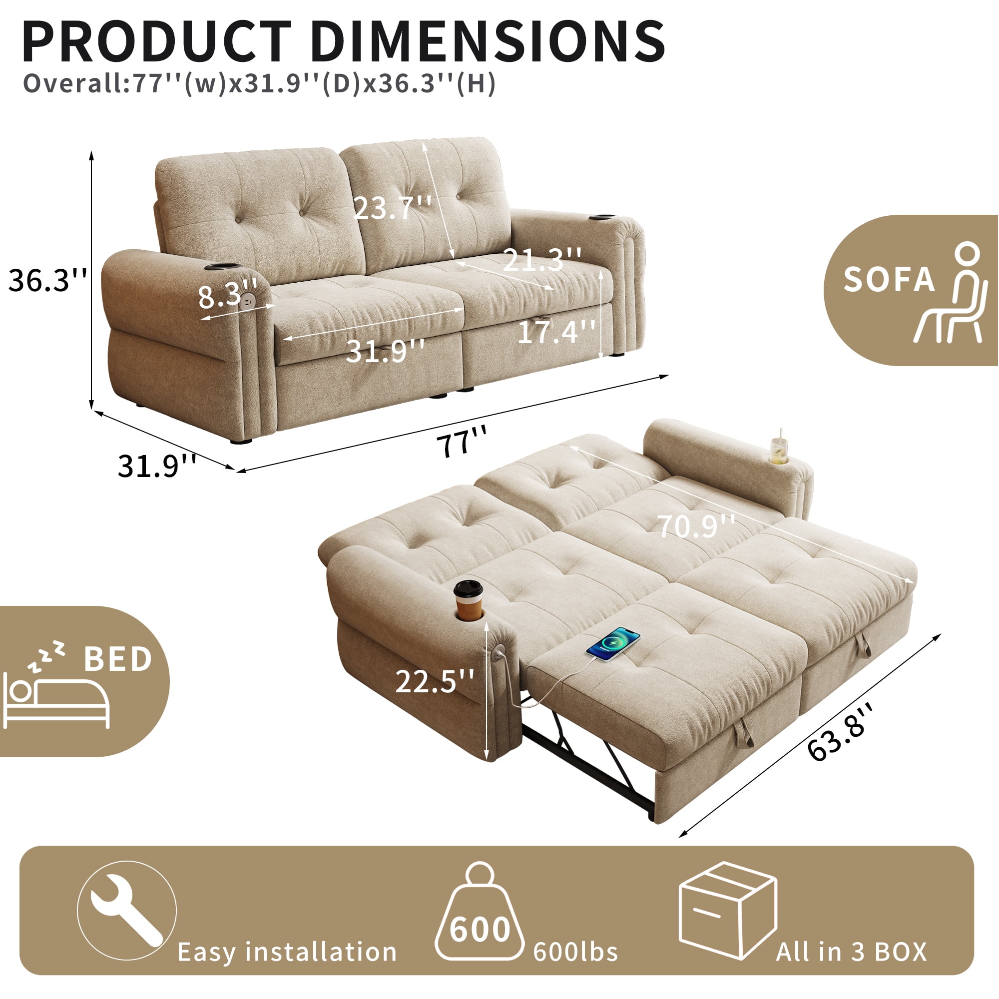 LLappuil 77" Pull Out Sofa Bed Queen Size, Loveseat Sofa Convertible Sofa Bed with USB Port Cupholders, Chenille Sofa Couch for Living Room Beige