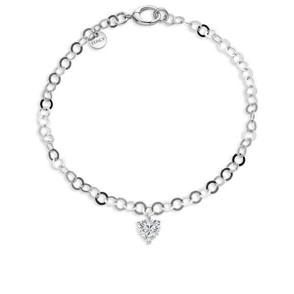 Gem Stone King Made in Italy 925 Sterling Silver Charm 5mm Heart Shape Moissanite Round Link Chain Bracelet for Women (0.42 cttw)