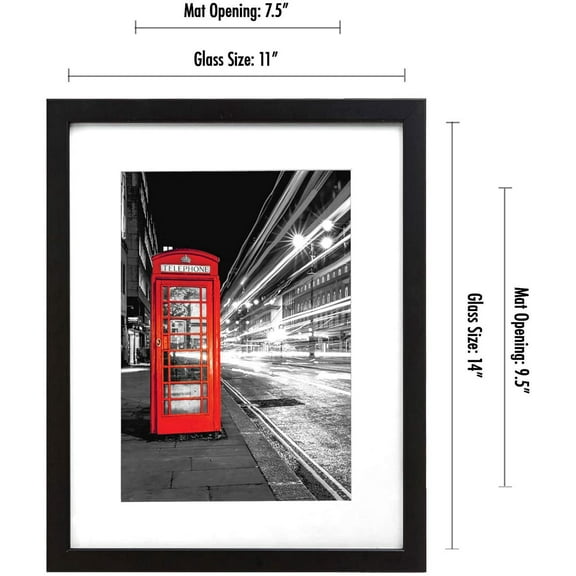 Black Picture Frame Set of 4 - 11x14 with Shatter-Resistant Glass - 8x10 with Mat or 11x14 Without Mat