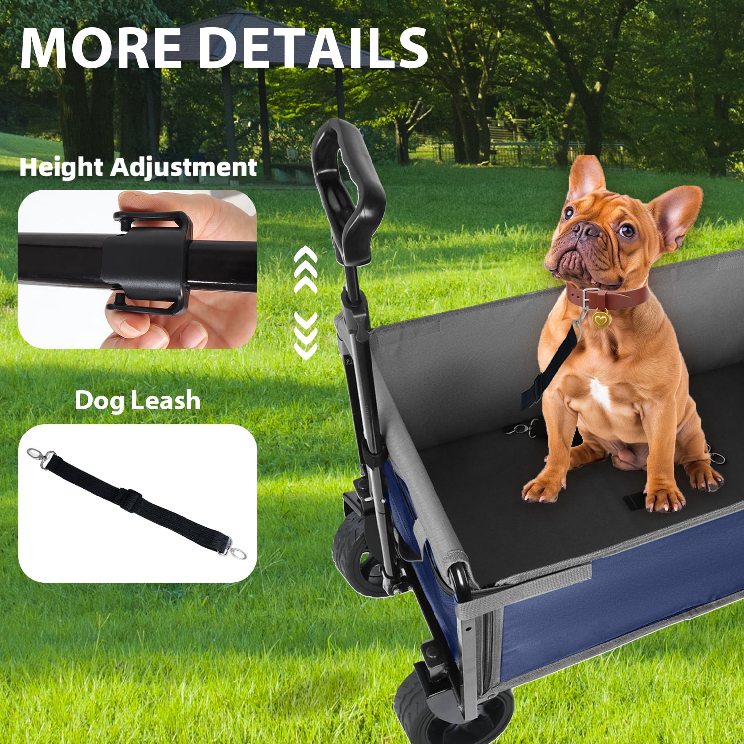 Upgraded 5×2" Wide Wheels Folding Wagon, Dark Blue Convertible Trolley with Dog Leash and Full-Side Opening, 220LBS Steel Frame Collapsible Cart for Camping, Beach, Shopping