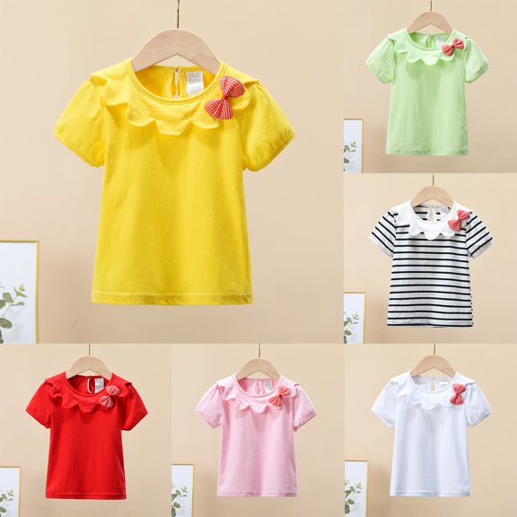 Toddler Girl Lace Peter Pan Collar T Shirts Baby Kids Cute Puff Short Sleeve Blouse Casual Tees Tops
