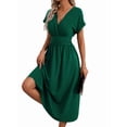 thumbnail image 2 of Womens Solid Color Overlap V Neck Batwing Sleeve Waist Pleated Long Elegant Dress Maxi Green L, 2 of 10