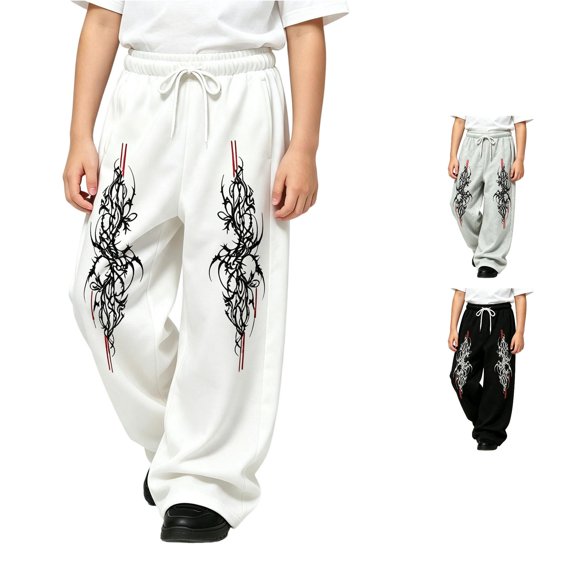 Luvior Y2k Baggy Sweatpants Boy and Girls Gothic Graphic Elastic Waist Wide Leg Track Pants Drawstring Athletic Joggers with Pockets