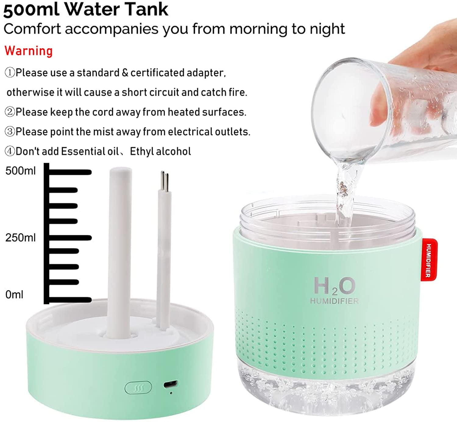 Green Portable Mini Humidifier, 500ml Small Cool Mist USB Desktop Humidifier for Baby Bedroom, Travel, Office, Home - Auto Shut-Off, 2 Mist Modes, Super Quiet