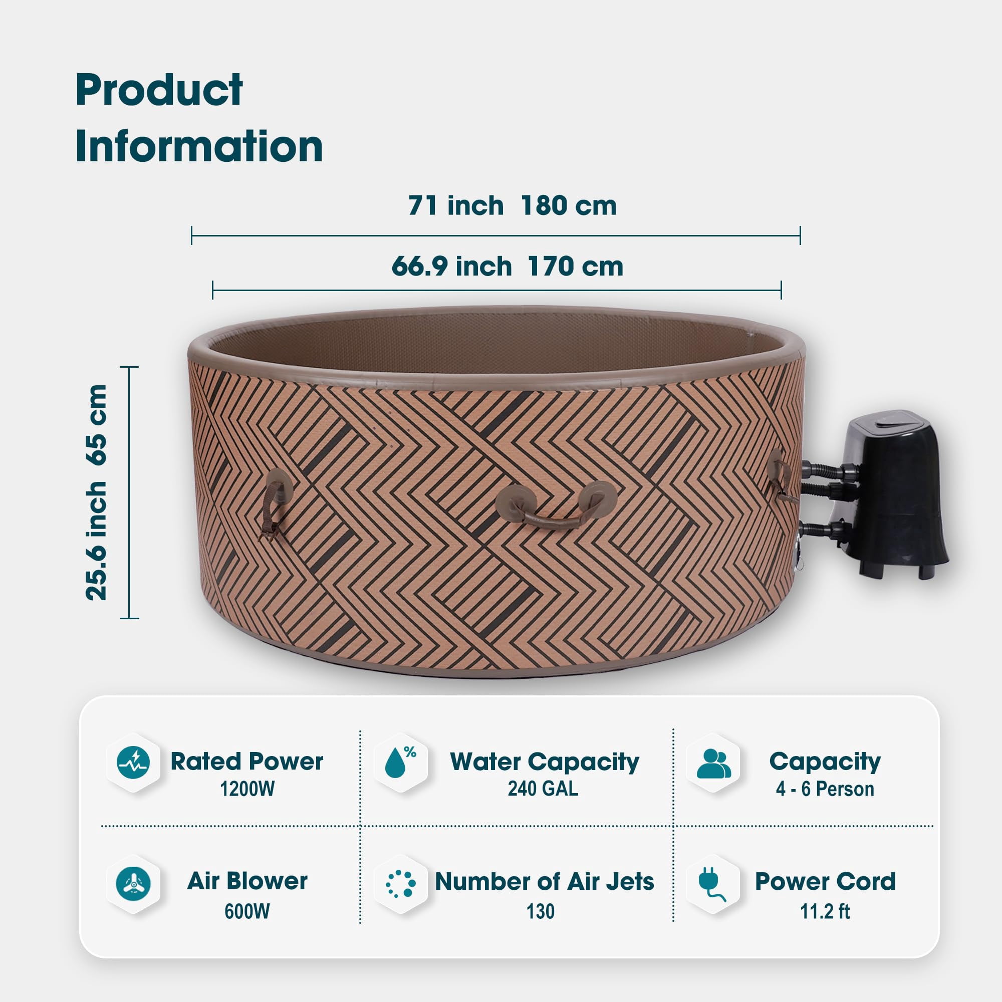 RELXTIME Portable Round Inflatable Hot Tub for 4-6 People: Portable Outdoor Hydrotherapy Pool with 130 Bubble Jets, Heater Pump, and Thermal Cover
