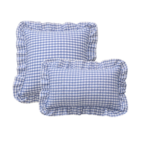 Plaid Throw Pillow Cover Blue White Checkered Ruffled Cushion Case, Vintage Farmhouse Square Pillow Sham with Ruffle for Sofa Couch Bed Living Room Decor 18x18 Inch
