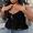 Black, variant on Women's Spaghetti Strap Plain Crop Camisole Ruffled Hem Summer Top - Versatile Women Tops