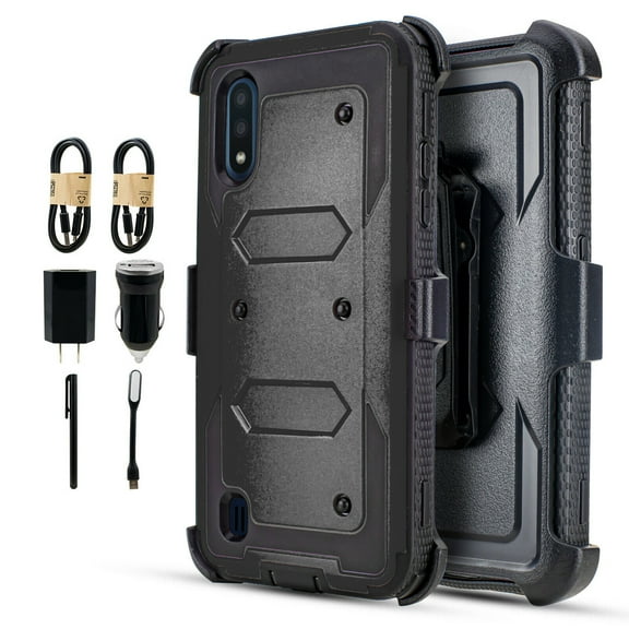 Value Pack ! for Samsung Galaxy A01 015 case Phone Case 360° Cover Screen Protector Clip Kickstand Holster Hybrid Shock Bumper (Black)