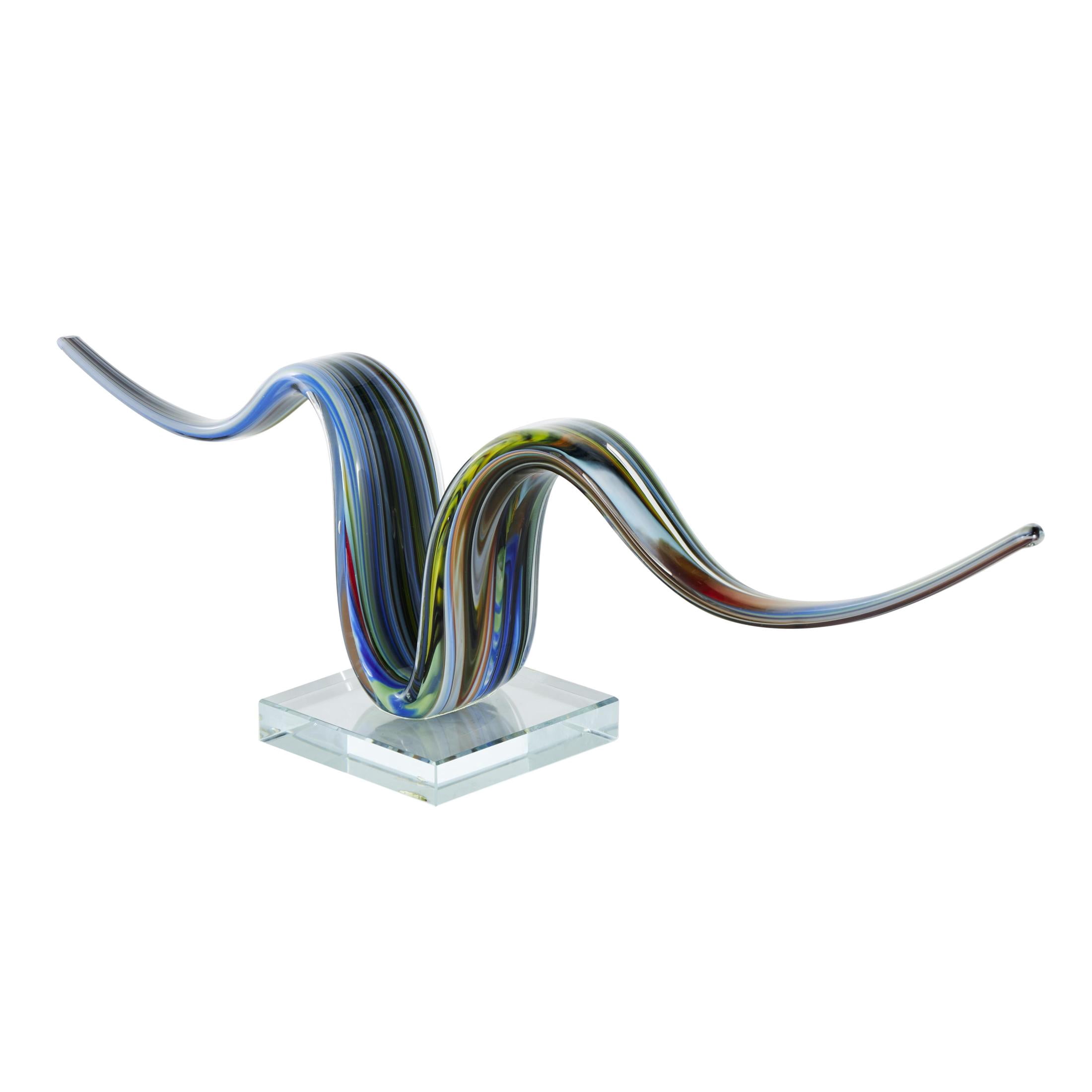 20" x 6" Multi Colored Glass Wave Abstract Sculpture with Clear Base, by DecMode