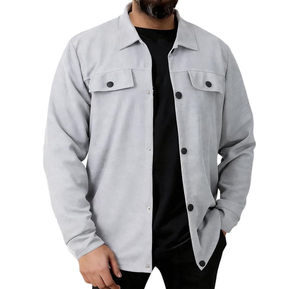LNWUY Mens Solid Color Button Down Shirt Jackets Long Sleeve Retro Overshirt Casual Collared Work Tops with Pockets Gray M
