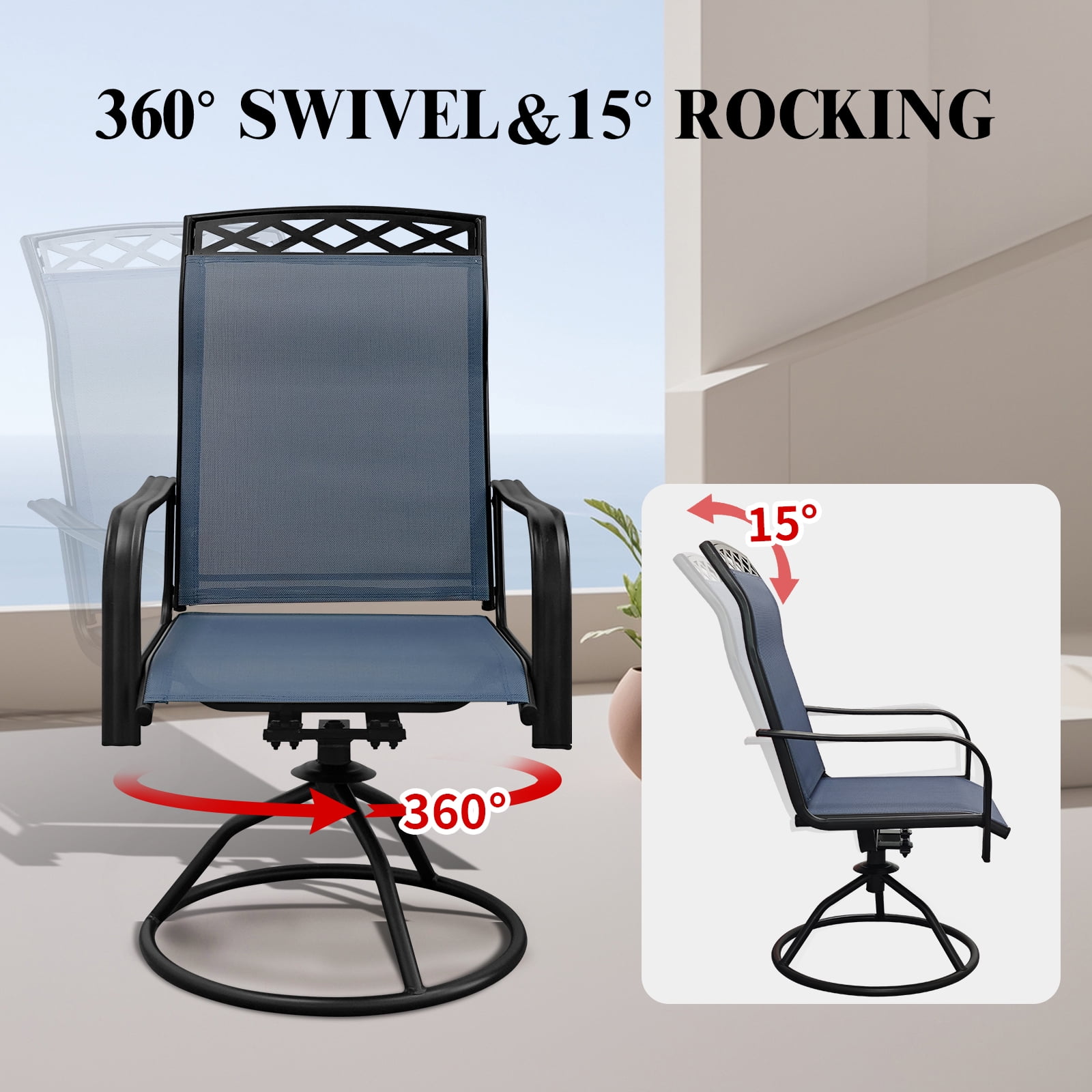 Patio Swivel Chairs Set of 2, Waterproof Outdoor Dining Chairs with All-Weather Textilene Mesh, High Back Rocker Chairs for Deck, Garden, and Backyard (Blue)