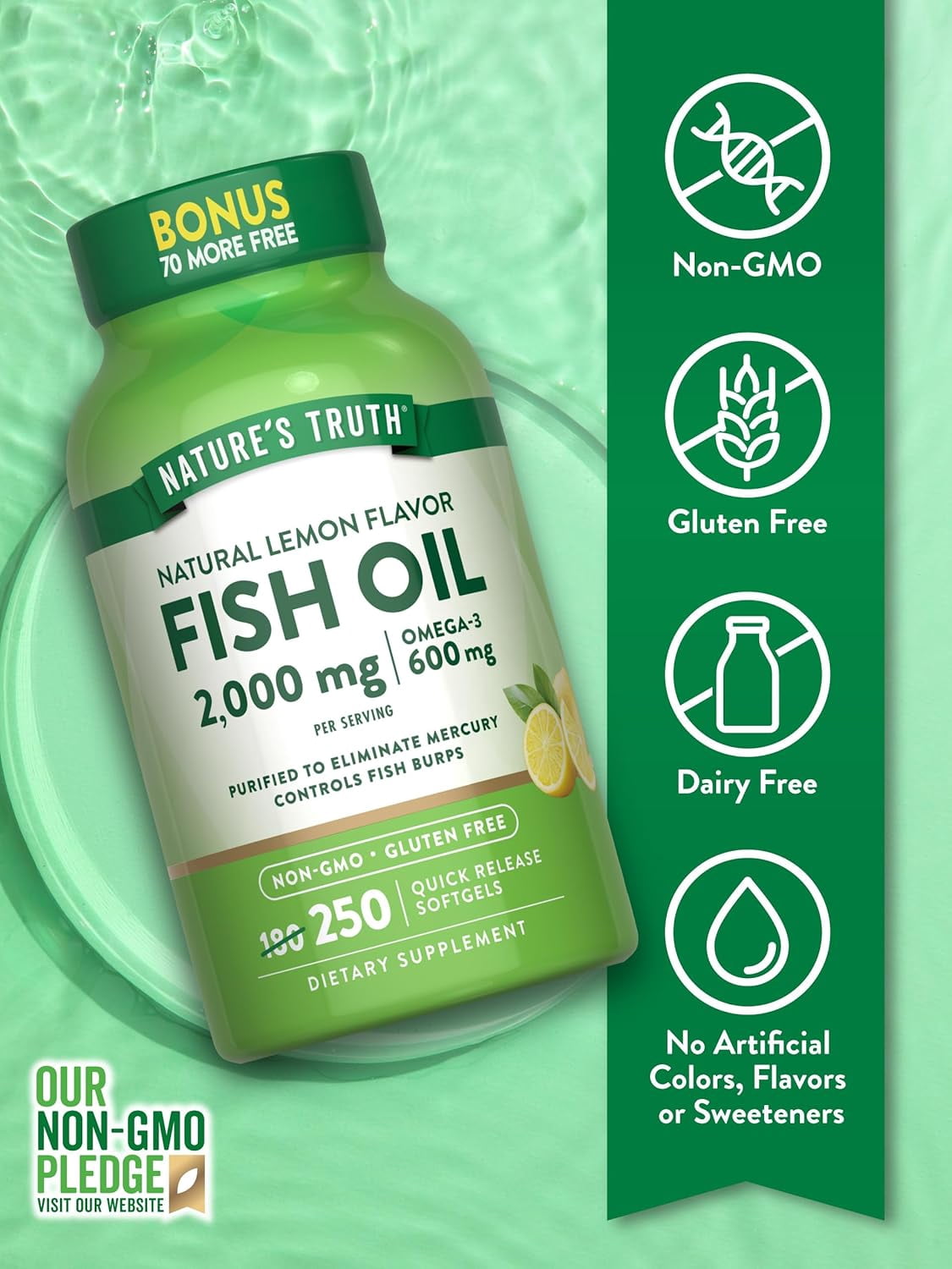 Fish Oil Omega 3 | 2000mg | 250 Softgels | Burpless | Lemon Flavor | by Nature's Truth