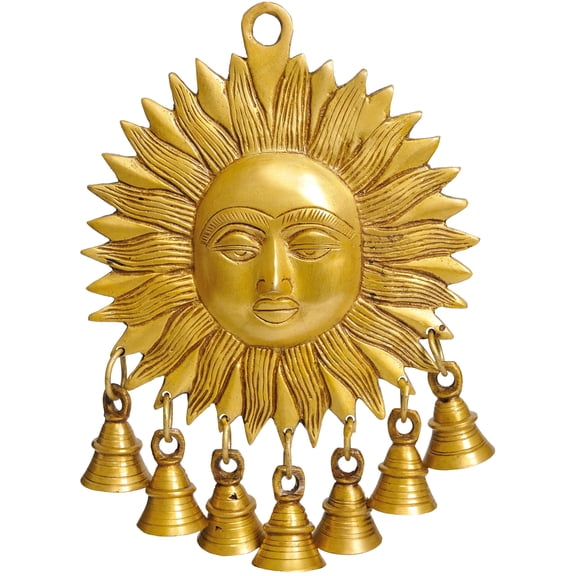 8 Inch Surya Wall Hanging Statue Sun God Auspicious Bells Brass