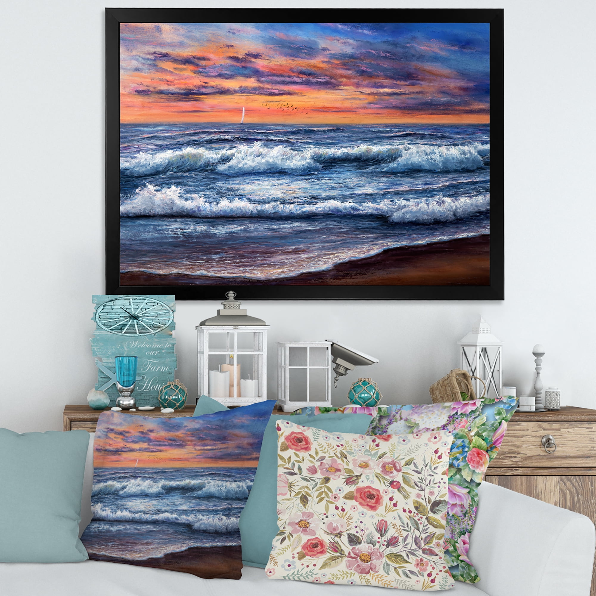 Designart 'The Blue Ocean In Sunset Evening II' Nautical & Coastal Framed Art Print